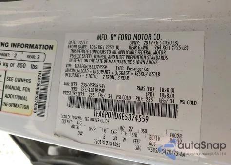 2014 Ford Fusion Se из США, поврежденный, VIN 1FA6P0HD6E5374559